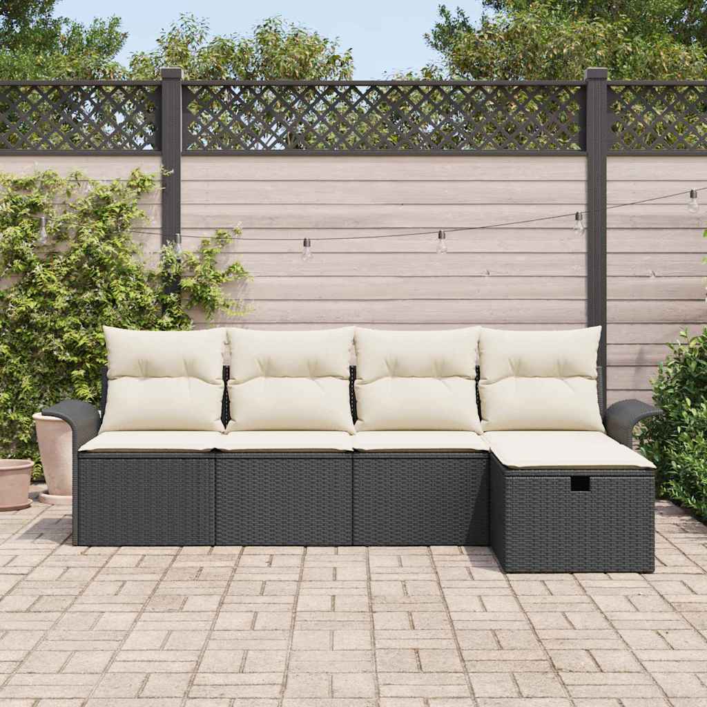 Garten-Sofa-Set mit Kissen 5 pcs Schwarz und Creme Poly Rattan